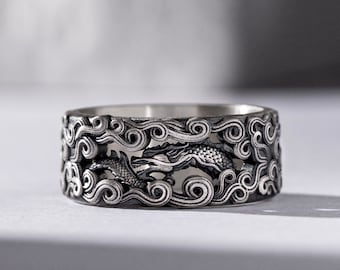 Dragon Mens Band Ring with Wave Motifs, Oxidized Silver Biker Ring to Boyfriend, Engagement Ring, Engraved Jewelry, Stackable Ring, Dad Gift