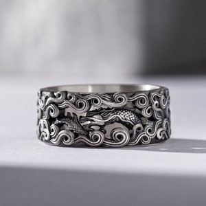 Dragon Mens Band Ring with Wave Motifs, Oxidized Silver Biker Ring to Boyfriend, Engagement Ring, Engraved Jewelry, Stackable Ring, Dad Gift image 1