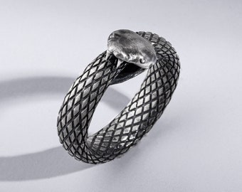 Ouroboros Snake Sterling Silver Mens Band Ring, Unique Serpent Gothic Ring, Handmade Animal Wedding Snake Ring, Fantasy Jewelry to Family