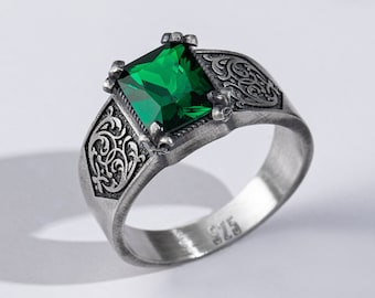 Antique Mens Emerald Signet Silver Ring For Men, Unique Gemstone Promise Ring For Boyfriend, Solitaire Vintage Ruby Wedding Ring Gift Dad