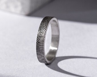 Fingerprint Sterling Silver Ring For Couples, Minimalist Band Ring to Husband, Stackable Ring For Wife, Birthday Gift, Love Anniversary Gift