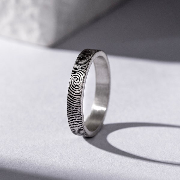 Fingerprint Sterling Silver Ring For Couples, Minimalist Band Ring to Husband, Stackable Ring For Wife, Birthday Gift, Love Anniversary Gift