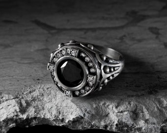 Black Stone Men's Signet Ring, Sterling Silver Cubic Zirconia Gemstone Ring, Black Stone Mens Jewelry, Boyfriend Ring, Personalized Ring