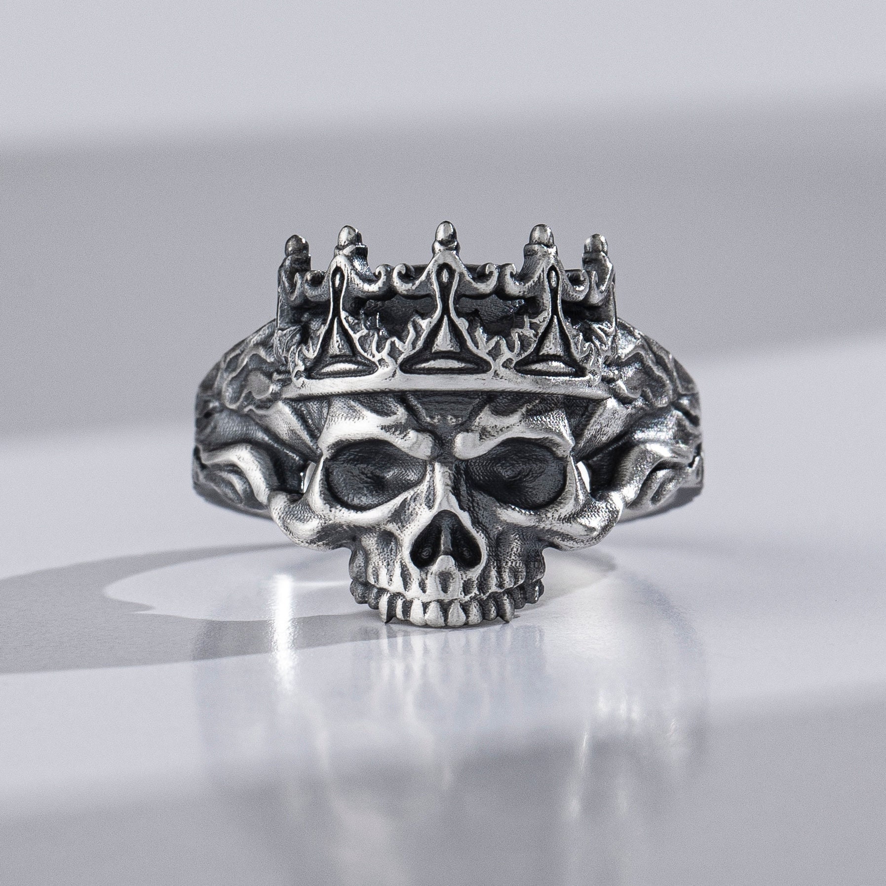 Crystal or Tourmaline Crowned Skull Ring in Solid Silver with Topaz Eyes,  Mens Silver Ring, Silver Skull Ring