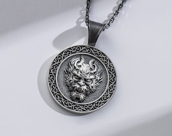 Japanese Oni Mask Silver Gothic Charm Necklace, Vintage Demon Face Coin Necklace, Handmade Mythology Jewelry, Unique Gift For Boyfriend