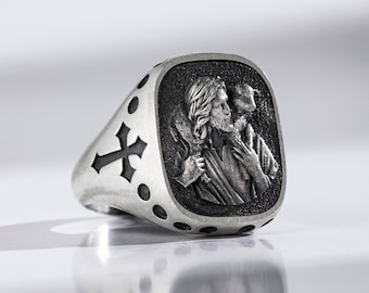 Jesus and Sheep Statement Ring For Men, Unique Silver Christian Signet Ring, Religious Cross Ring For Boyfriend, Christmas Gift For Husband