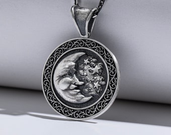 Moon and Star Dainty Charm Necklace For Men in Oxidized Silver, Vintage Crescent Moon Celestial Coin Necklace to Dad, Unique Men Jewelry