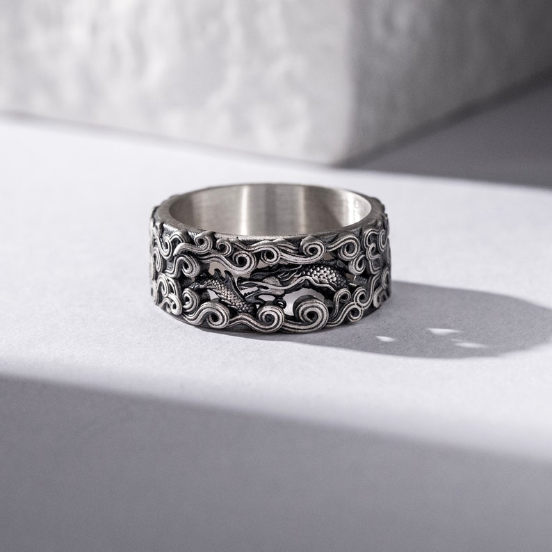 Dragon Mens Band Ring with Wave Motifs, Oxidized Silver Biker Ring to Boyfriend, Engagement Ring, Engraved Jewelry, Stackable Ring, Dad Gift image 5