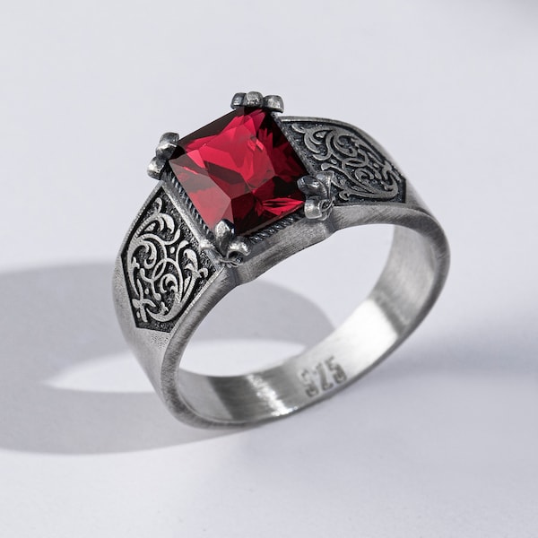 Vintage Red Ruby Signet Ring For Men, Sterling Silver Unique Gemstone Ring For Men, Natural Emerald Promise Ring, Dainty Pinky Ring Gift Dad