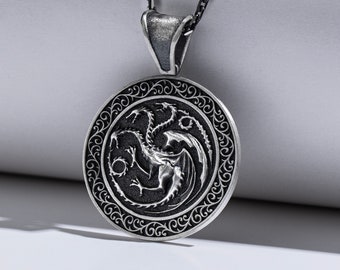 Daenerys Targaryen Dragon Vintage Charm Necklace For Men, Sterling Silver Engraved Coin Necklace Men, Unique Men Jewelry, Birthday Gift