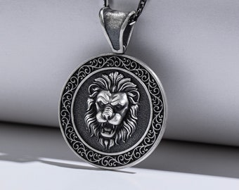 Lion Engraved Sterling Silver Coin Necklace Pendant, Zodiac Leo Unique Charm Necklace For Men, Vintage Forest Animal Necklace to Husband