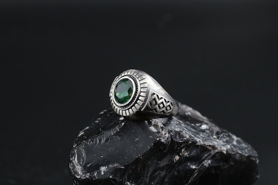 Emerald Mens Engraved Signet Ring Red Ruby Mens Gemstone Ring in