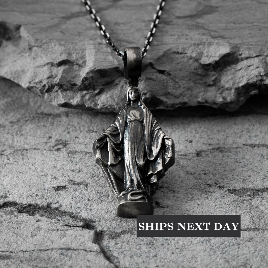 Minimalist Virgin Mary Charm Necklace for Mom, Sterling Silver Engraved