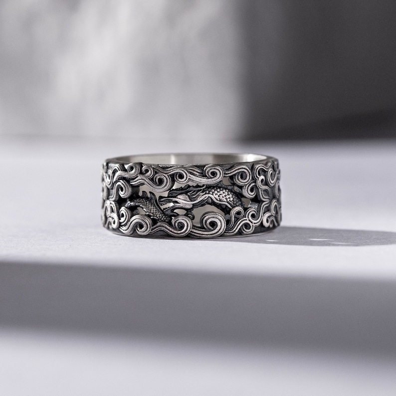 Dragon Mens Band Ring with Wave Motifs, Oxidized Silver Biker Ring to Boyfriend, Engagement Ring, Engraved Jewelry, Stackable Ring, Dad Gift image 1