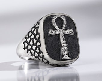 Egyptian Ankh Dainty Signet Ring Men, Vintage Ancient Mythology Ring in Sterling Silver, Engraved Cool Unique Ring For Him, Christmas Gift