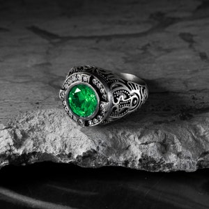 Antique Silver Mens Emerald Ring, Personalized Green Stone Ring, Sterling Silver Boyfriend Ring, Engraved Ring, Gemstone Ring, Gift For Dad