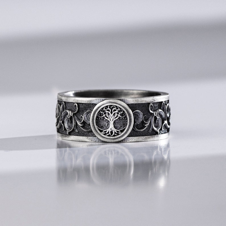 Tree of Life Yggdrasil Handmade Silver Engraved Band Ring, Mythology Vintage Celtic Wedding Ring For Men, Unique Viking Promise Ring Gift image 2