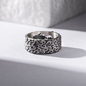 Dragon Mens Band Ring with Wave Motifs, Oxidized Silver Biker Ring to Boyfriend, Engagement Ring, Engraved Jewelry, Stackable Ring, Dad Gift image 7