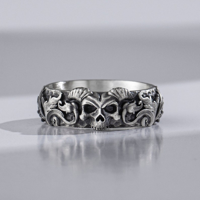 Gothic Skull Wedding Band Ring for Men in Sterling Silver Etsy