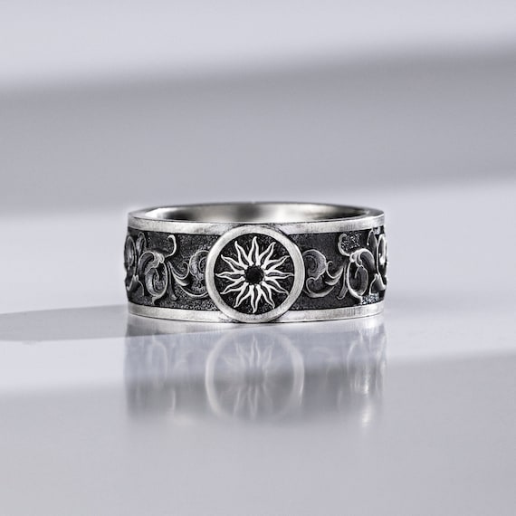 Celestial Sun Sterling Silver Dainty Band Ring Men Engraved