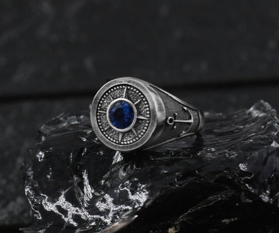 Bague Solitaire Homme Saphir en Argent Sterling Bague Homme Ancre