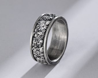 Bague en marguerite de tournesol gravée en argent sterling, bague de promesse unique nature, bague de fiançailles en fleurs vintage pour maman, cadeau de Noël