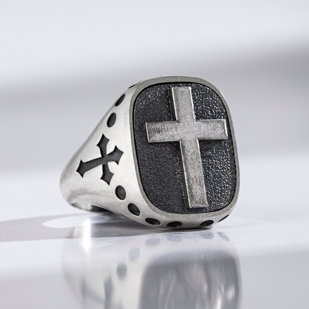 Christian Cross Ring for Men, Sterling Silver Engraved Faith