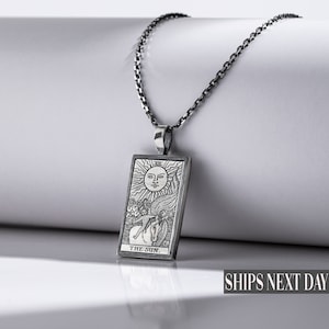 Unique Tarot Necklace in Silver, Dainty Tarot Card Necklace, Engraved Astrology Necklace, Tarot Jewelry, Zodiac Sun Necklace, Chrismast Gift