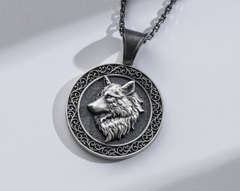 Wolf Unique Coin Charm Necklace For Men in Oxidized Silver, Vintage Nordic Animal Pendant Necklace, Viking Jewelry to Boyfriend, Gift Dad