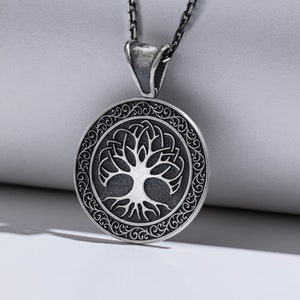 Tree of Life Unique Necklace Pendant in Oxidized Silver, Engraved Family Tree Necklace For Men, Vintage Yggdrasil Coin Necklace to Boyfriend