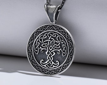 Celtic Tree of Life Vintage Charm Necklace in Sterling Silver, Unique Yggdrasil Family Tree Coin Necklace, Engraved Necklace , Gift For Men