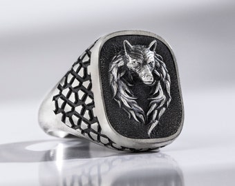 Fenrir Wolf Handmade Sterling Silver Unique Signet Ring, Pinky Vintage Animal Male Rings, Engraved Viking Ring For Boyfriend, Family Gift