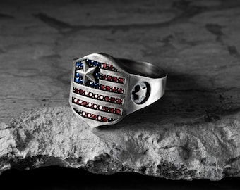 American Flag Silver Mens Stone Ring, Sterling Silver Engraved Ring, Patriotic Ring, USA Flag Jewelry, Signet Ring Men, Dad Birthday Gift