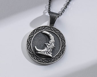 Man in the Moon Dainty Charm Necklace in Oxidized Silver, Unique Celestial Crescent Moon Necklace Pendant, Engraved Coin Necklace Gift