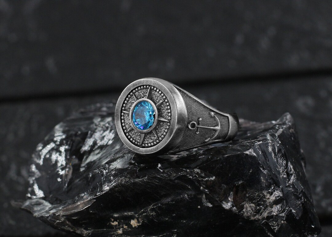 Sterling Silver Blue Topaz Ring for Men, Minimalist Mens