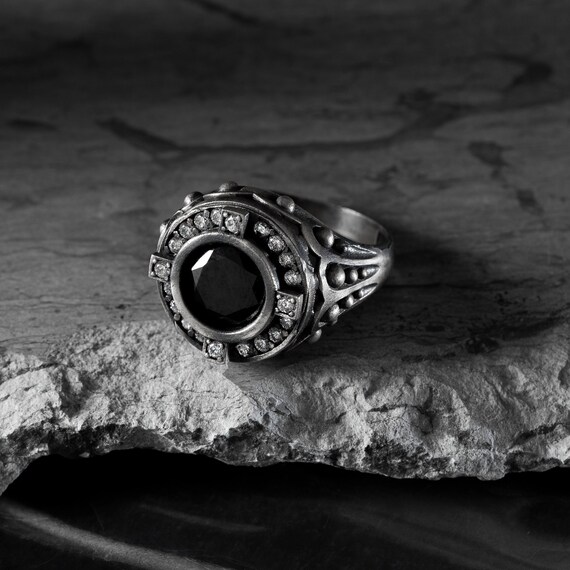Black Stone Men s Signet Ring Sterling Silver Cubic Zirconia