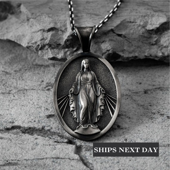 Virgin Mary Sterling Silver Pendant Necklace Unique Protection