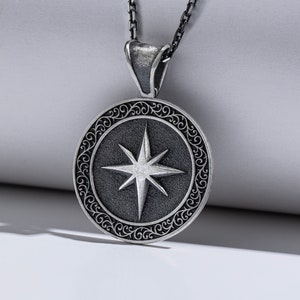 North Star Engraved Coin Necklace For Men in 925 Silver, Unique Handmade Star Pendant Necklace, Vintage Men Jewelry, Gift For Boyfriend