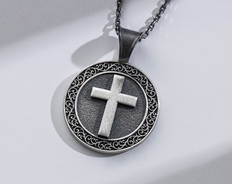 Cross Silver Unique Coin Charm Necklace For Men, Dainty Christian Medallion Necklace Pendant For Boyfriend, Protection Necklace, Gift Dad