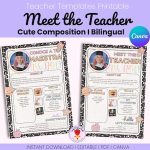 May include: Two printable "Meet the Teacher" templates with a notebook paper design. The templates are bilingual, featuring a photo of the teacher, "About Me" sections, and space for class schedules and goals. The Canva logo is visible.