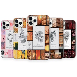 May include: Set of five phone cases featuring a collage of images with a zodiac theme. Each case has a different zodiac sign with a skull and floral design. The cases are in various colours, including pink, yellow, orange, and red.