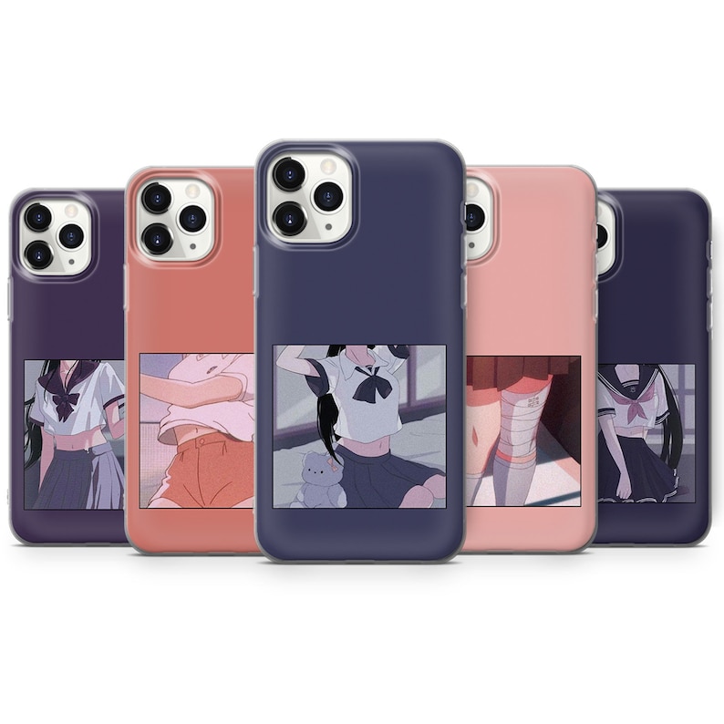 May include: Four phone cases with different designs featuring anime characters. The cases are all clear and have a black border. The designs are all different, but they all feature anime characters in school uniforms. The cases are all for iPhone 13 Pro.