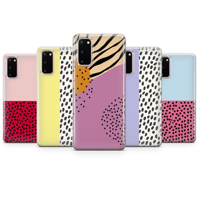 Puede incluir: Conjunto de seis fundas para tel&eacute;fono con diferentes patrones abstractos. Las fundas presentan una variedad de colores, incluyendo rosa, amarillo, morado, azul y negro. Los patrones incluyen lunares, rayas y formas abstractas.