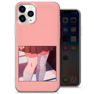 May include: Pink phone case featuring a cartoon image of a girl's legs in white socks and a brown skirt. The image has a retro aesthetic.