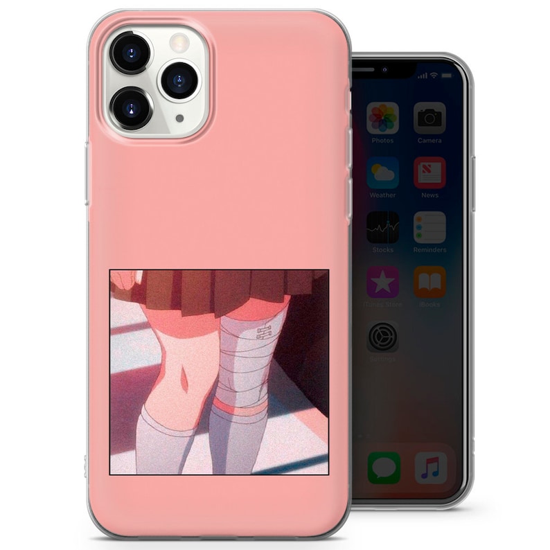 May include: Pink phone case featuring a cartoon image of a girl's legs in white socks and a brown skirt. The image has a retro aesthetic.