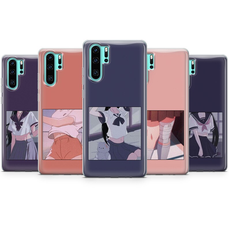 May include: Five different phone cases with a variety of designs featuring anime characters. The cases are all clear and show the phone's design through the case. The designs include a girl with a teddy bear, a girl with a skirt, a girl with a skirt and a bandage, a girl with a skirt and a bandage, and a girl with a skirt and a bandage.