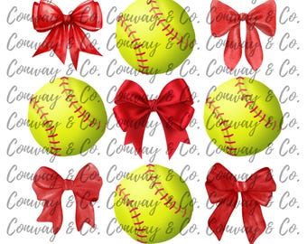 Red Softball Croquette Bows Design PNG