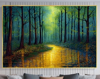 Abstrakter Wald Ölgemälde Auf Leinwand, Große Wandkunst, Original Malerei Baum Fluss Landschaft Kunst, Benutzerdefinierte Malerei