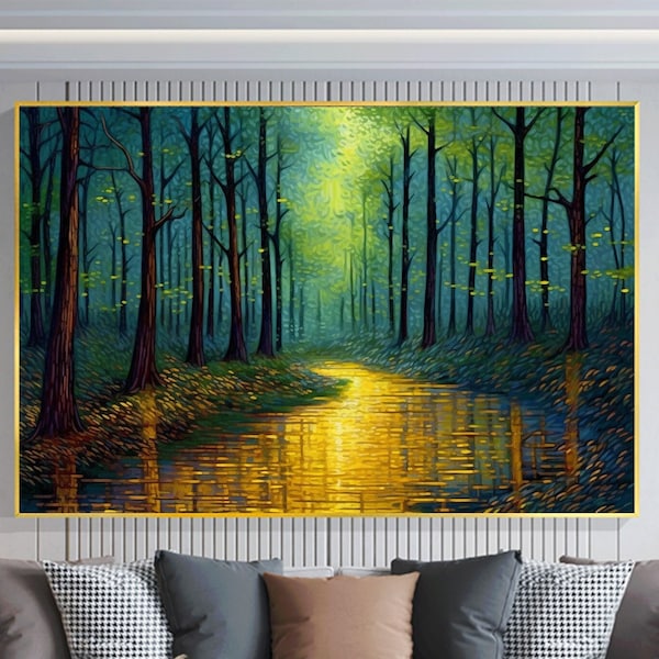 Abstract Forest Oil Painting On Canvas, Large Wall Art,Original Green Tree Painting River Landscape Art,Custom Painting,Living Room Decor