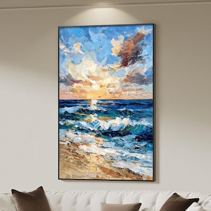 Abstract Sunset Seascape Oil Painting On Canvas, Large Textured Wall Art, Original Blue Ocean Painting, Custom Painting, Living Room Decor